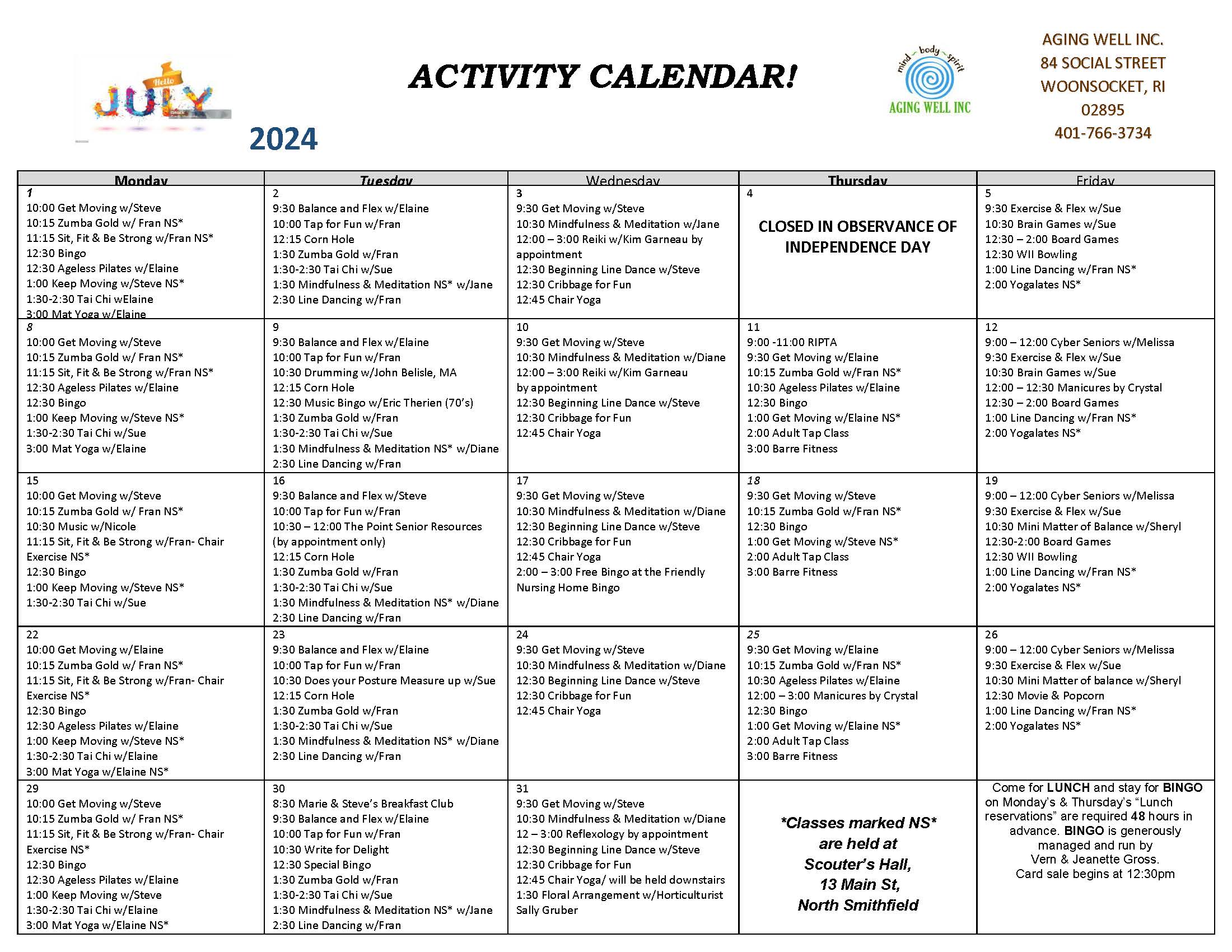 Activity Calendar - Aging Well Inc.