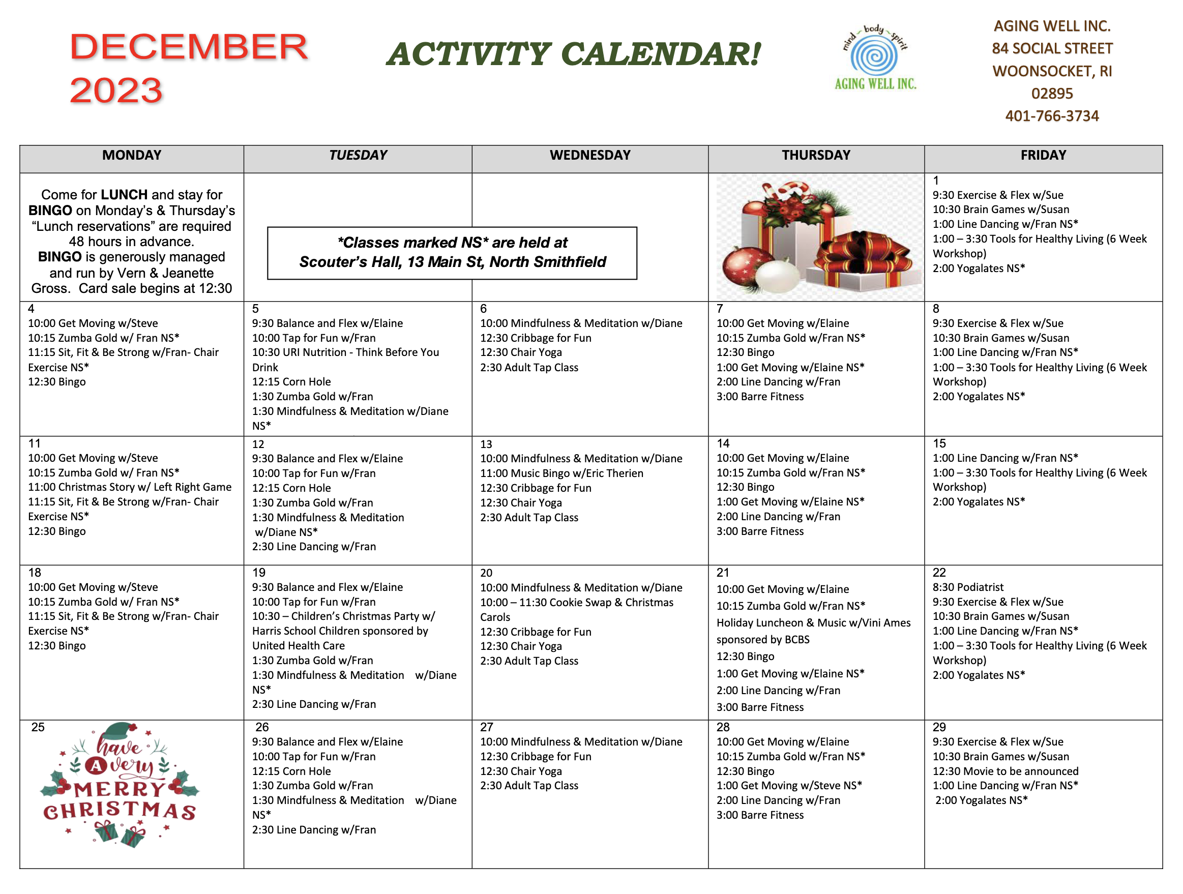 december Activity Calendar